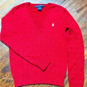 Polo by Ralph Lauren Women Red Cable-Knit V-Neck Sweater with White Polo Logo